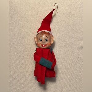 Fun Vintage Red Felt Knee-Hugger Shelf Sitter Pixie Elf Christmas Figurine
